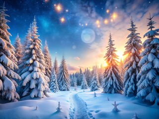 Magical winter landscape with snowcovered trees and a path leading into the serene, sunlit forest