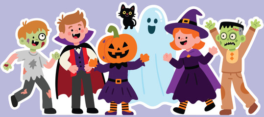 Spooky Halloween fun with kids dressed in cute costumes ready for trick or treating adventure