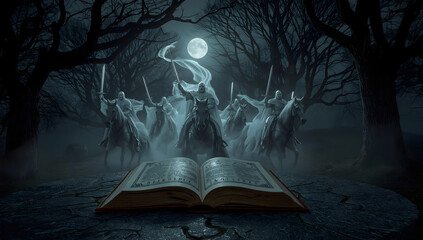Obraz premium Ghostly Knights Emerging from a Magical Book under Full Moon in Haunted Forest
