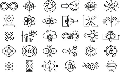 Collection of abstract science and technology icons representing data analysis and innovation