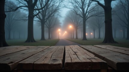 Wooden table in foggy park with glowing lamps trees
