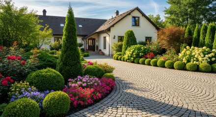 Beautifully landscaped suburban home with a cobblestone driveway and vibrant flower beds