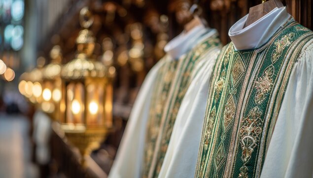 Two ornate, white clerical garments, accented with rich green trim, hang in a cathedral.  Soft light from lamps illuminates the scene