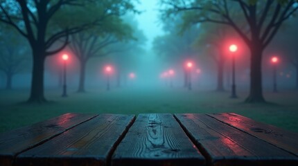 Wooden table in foggy park with red streetlights red lights