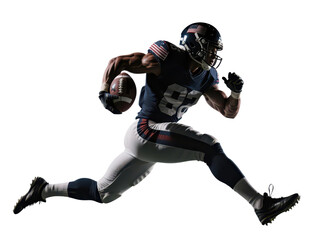 Naklejka premium A muscular football player in uniform running with the ball, isolated on white.