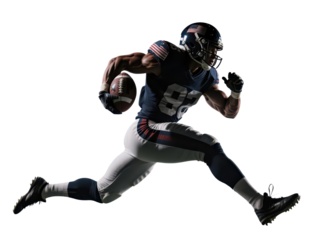 A muscular football player in uniform running with the ball, isolated on white.