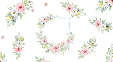Elegant floral frame with pink and white roses, perfect for wedding invitations and greeting cards design