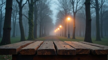 Wooden table in foggy park with streetlights trees