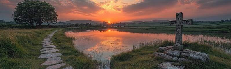 Obraz premium Sunset over a small lake with a stone path leading to a cross banner