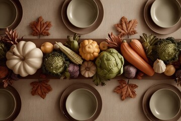 Overhead View of a Harvest Table Setting with Autumn Vegetables and Decorative Leaves.