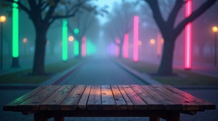 Wooden table with colorful glowing lights in foggy park green