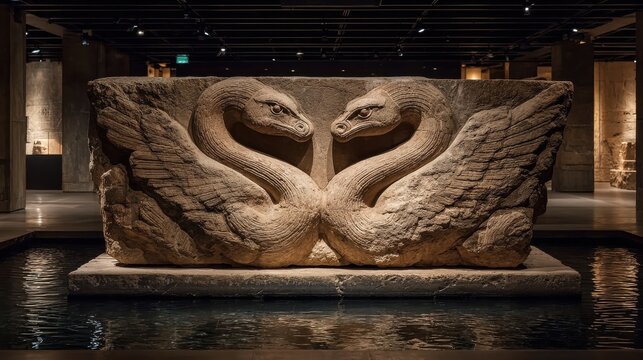 Museum display of an ancient two-headed snake fossil emerging from stone with dramatic lighting.
