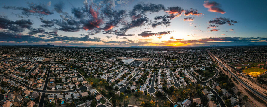 Aerial view of Gilbert, Arizona, at dusk. 