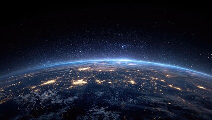 Fototapeta premium Earth from space, night. Vast expanse of dark space, dotted with stars. Earth's surface, lit by city lights, appears as a glowing band around the horizon. Clouds are visible