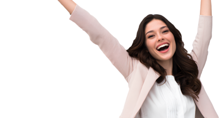 beautiful, smiling business woman with raised arm celebrating success, isolated on a transparent background.