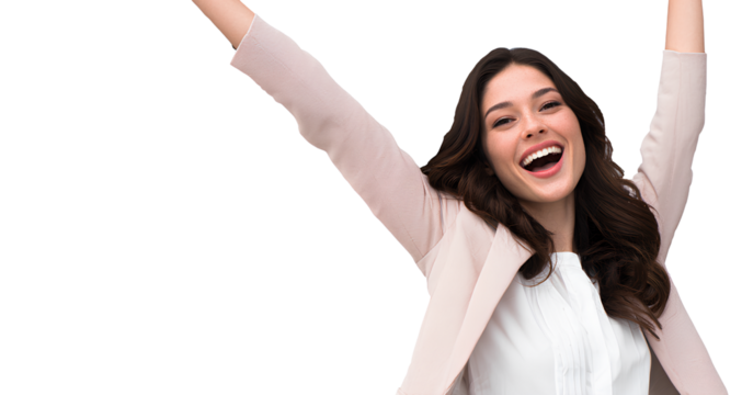  beautiful, smiling business woman with raised arm celebrating success, isolated on a transparent background.
