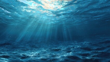 Underwater sunbeams illuminate deep blue ocean floor