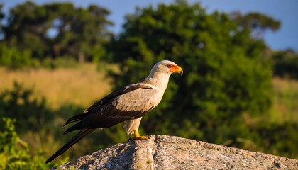Fototapeta premium A watchful bird of prey perched atop a rock.