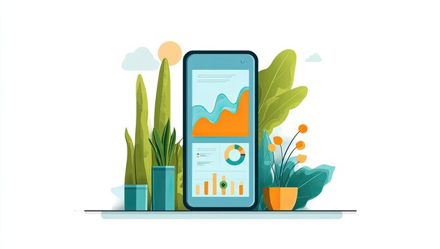 Smartphone displaying data graphs surrounded by plants