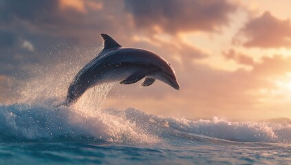 Majestic dolphin leaps over ocean waves at sunset