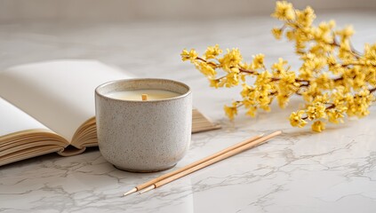 A light beige ceramic candle sits on a marble surface next to an open book and a branch of yellow flowers.  A pair of wooden incense sticks are beside the candle