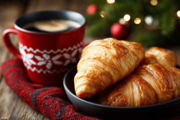 A plate of croissants sits on a table next to a mug of coffee