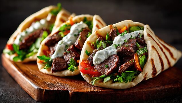 Three gyros wraps, showcasing grilled meat, vegetables, and a creamy sauce, sit on a wooden board