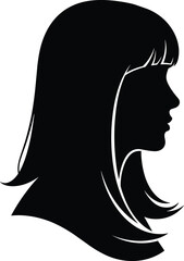 Silhouette of woman head in profile, long hairstyle vector, elegant female face outline, black beauty icon, stylish woman portrait illustration
