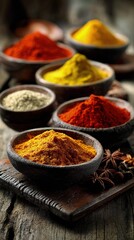 Assortment Of Colorful Spices In Bowls On Wooden Surface