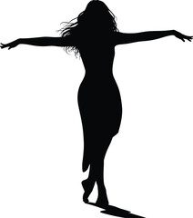 Silhouette of woman dancing with arms outstretched, joyful female pose vector, freedom movement, graceful body outline, elegant expression illustration