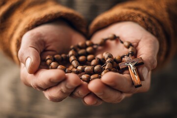 Obraz premium Monk holding wooden rosary beads in hands praying