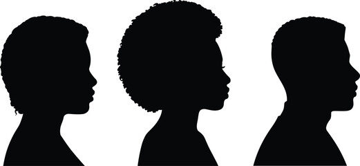 Silhouettes of diverse people in profile view, male and female vector heads, afro hairstyle outlines, side face shadow illustration, minimal design
