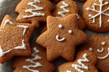 A plate of assorted cookies with a smiling star and a smiling Christmas tree