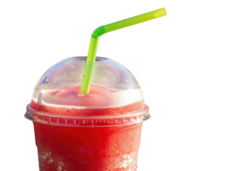 Refreshing red slushy drink with a green straw in a clear plastic cup isolated on transparent background