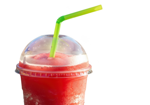 Refreshing red slushy drink with a green straw in a clear plastic cup isolated on transparent background