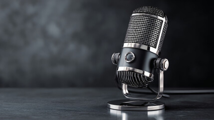 Chrome studio microphone on dark textured background with soft reflection, professional podcast banner with copy space