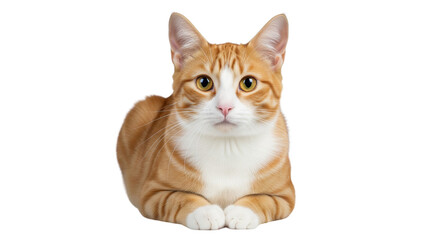 Adorable ginger and white tabby cat, a domestic shorthair, lying down alertly on a clean isolated white background studio portrait.