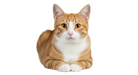 Adorable ginger and white tabby cat, a domestic shorthair, lying down alertly on a clean isolated white background studio portrait.