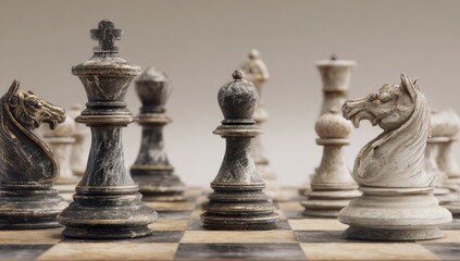 Close-up view of aged chess pieces on a checkered board.  The pieces are a mix of dark gray/black and light gray/white, appearing weathered and dusty.