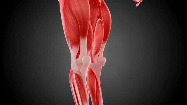 Detailed 3D animation showcasing the intricate muscles of the human legs, including the quadriceps, hamstrings, and calf muscles for educational purposes.