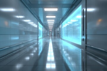 Obraz premium Futuristic Corridor Perspective - Gleaming Blue Light, Metallic Surfaces, and Symmetry.