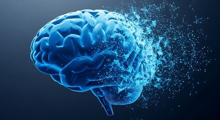 Abstract blue brain dissolving into digital particles and network connections