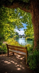 A tranquil park scene showcases a wooden bench beneath a lush canopy of trees, overlooking a serene lake and distant architecture.