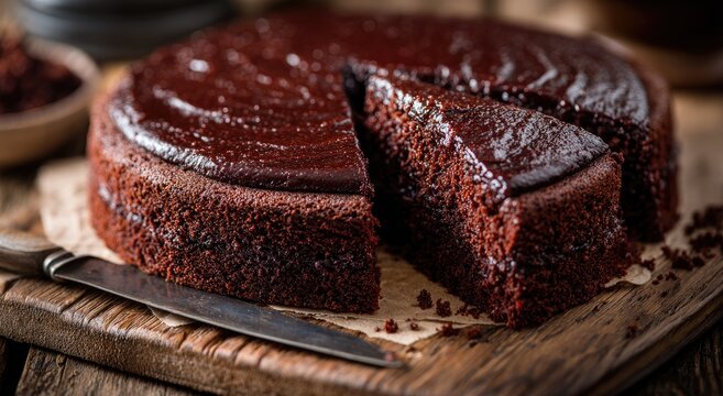 A rich chocolate cake slice on a rustic wooden board