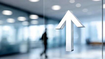 Arrow of Ambition: A sleek, chrome arrow elegantly affixed to a glass door subtly signals upward growth and business progress in a modern office environment.
