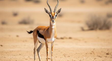 Beautiful wild gazelle with elegant horns standing alert in a vast sandy desert landscape, looking directly at the viewer, wildlife photography