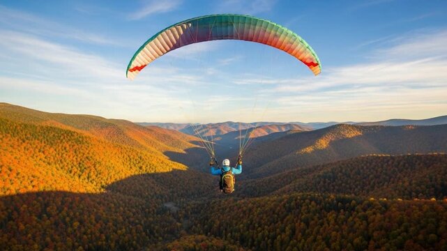 A breathtaking view of a paraglider soaring high above the vibrant autumn landscape, capturing the essence of adventure and the beauty of nature in motion.