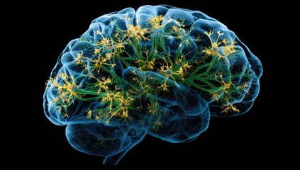 3D rendered brain, neural network highlighted