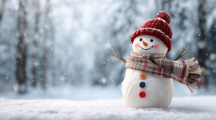 Super Cute Small Snowman in Pink Hat and Scarf Waving on a Snowy Winter Day Landscape