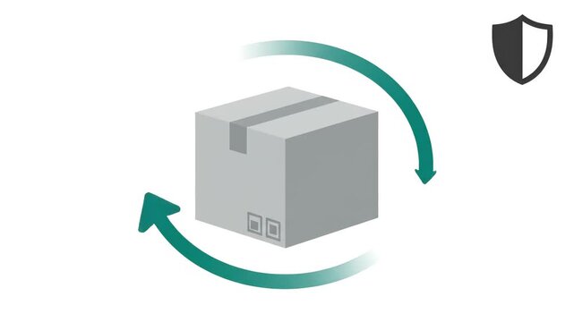 Flat style vector illustration of a return process with circular arrows around an unbranded shipping box and a small shield icon